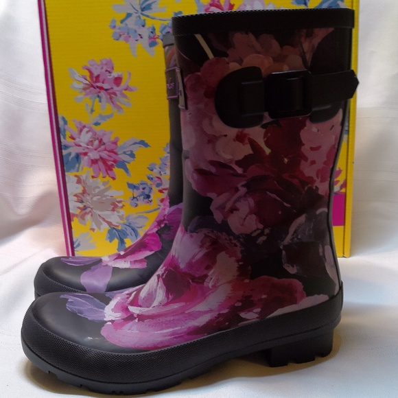 NIB Joules Mid Rain Boots Molly Black Floral Right as Rain Wellies Size 6M - Picture 4 of 7